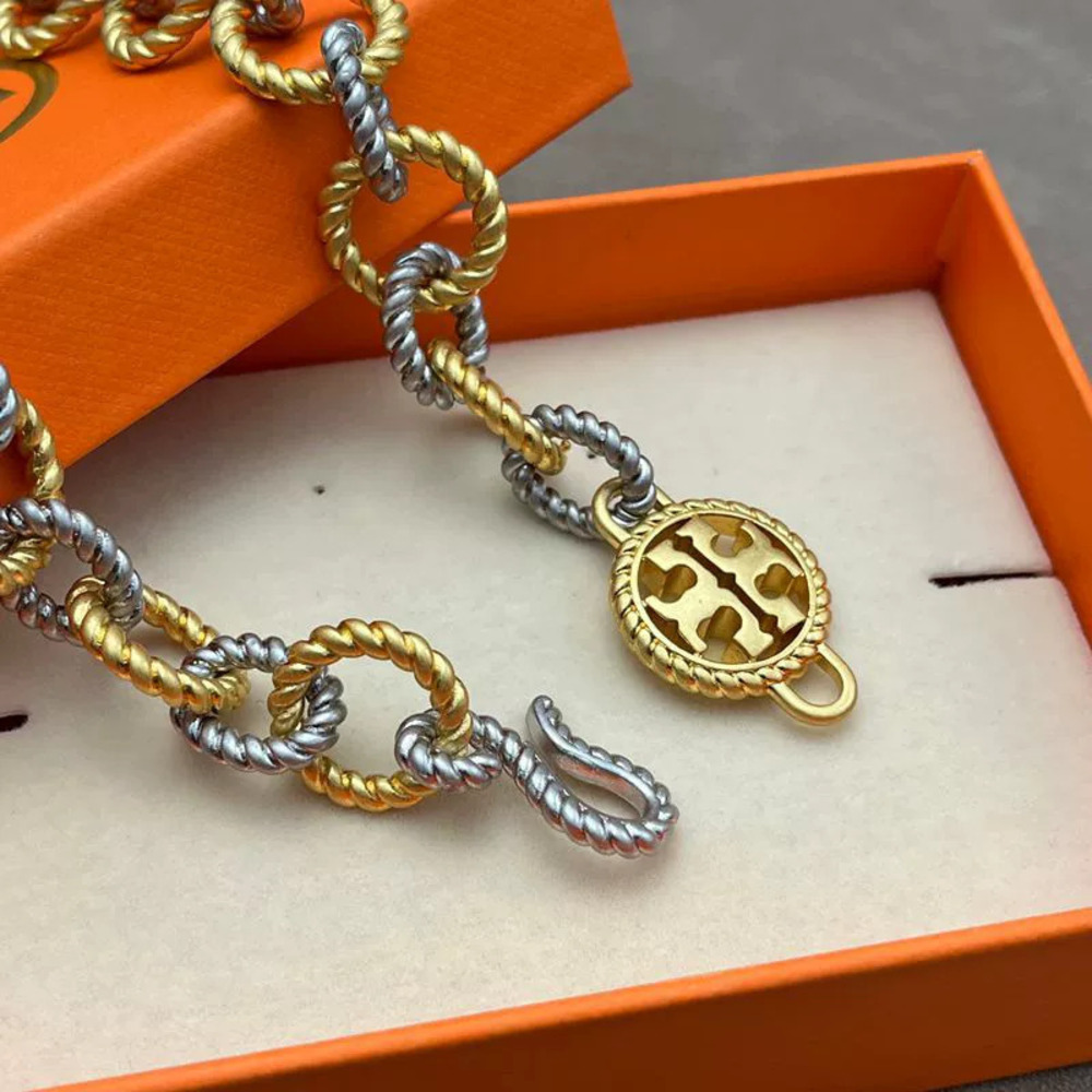 Tory Burch Twisted Rope Design Double Gold Plated Copper Bracelet Necklace Set - Picture 4 of 7